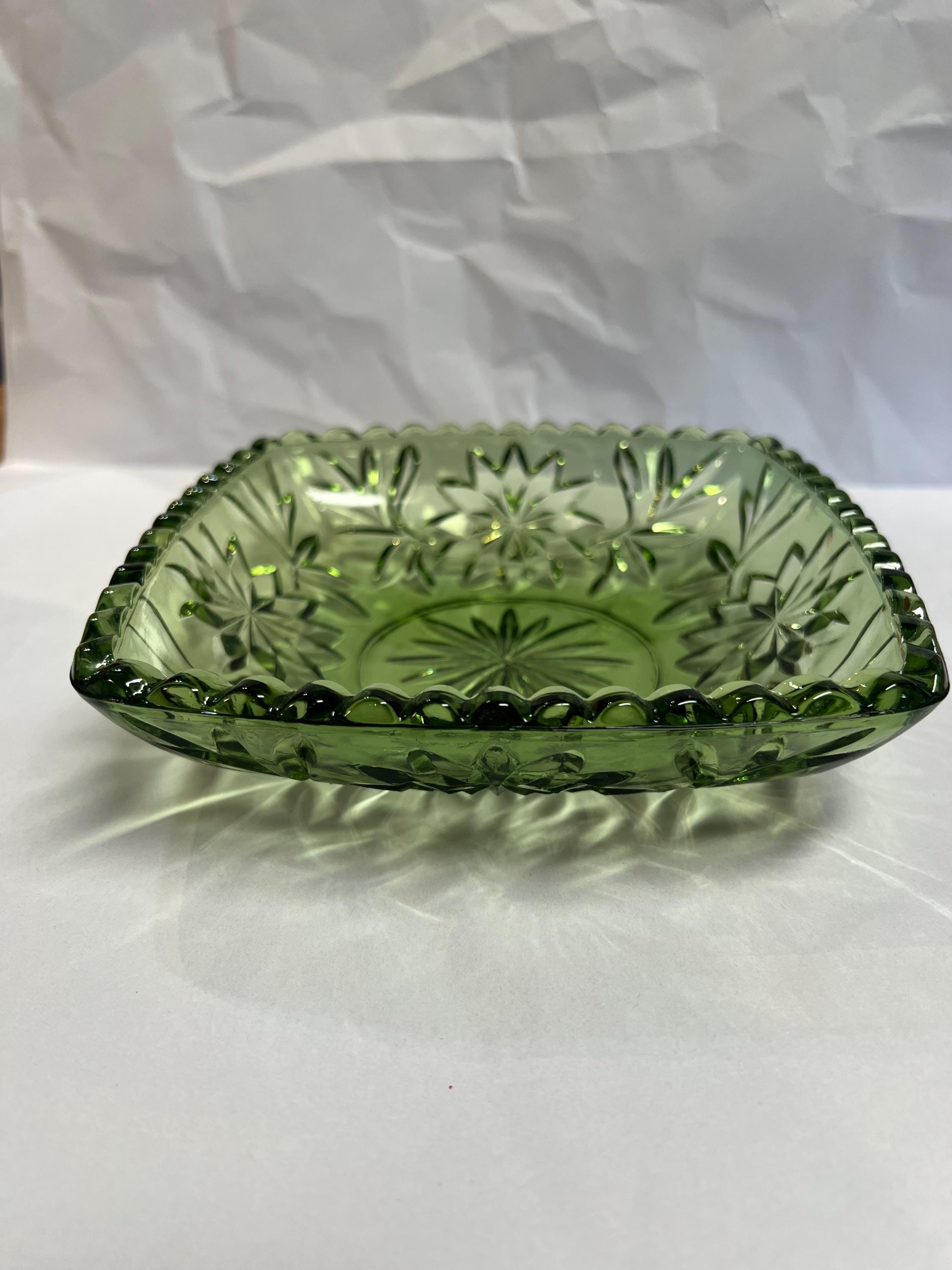 Vintage Hazel Atlas AVOCADO Green Pressed Glass Square Star Fan Candy Nut Dish