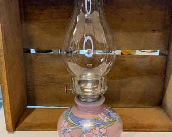 Vintage Kaadah Reverse Painted peach Floral M Oil Hurricane Lamp With Lily Flowers Blue Color