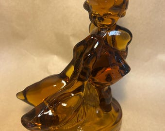 Vintage Sweet LE Smith Goose Girl Hummel Style Amber Glass 6&quot; figurine VTG