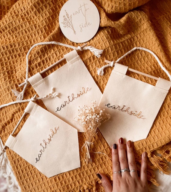 Handmade Felt earthside Embroidered Quote Banner Boho Cream Baby