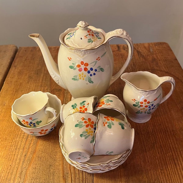 Vintage 1930s 14 Piece Tea or Coffee Set  - White Ceramic with Hand Painted Floral Design: Tea Pot, Milk Jug, Sugar Bowl, 5 Cups & Saucers
