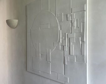 Geometrisches Reliefgemälde – großformatig, Mischtechnik, kreideweiße Oberfläche, im Stil von John Goodison, 102 cm x 102 cm
