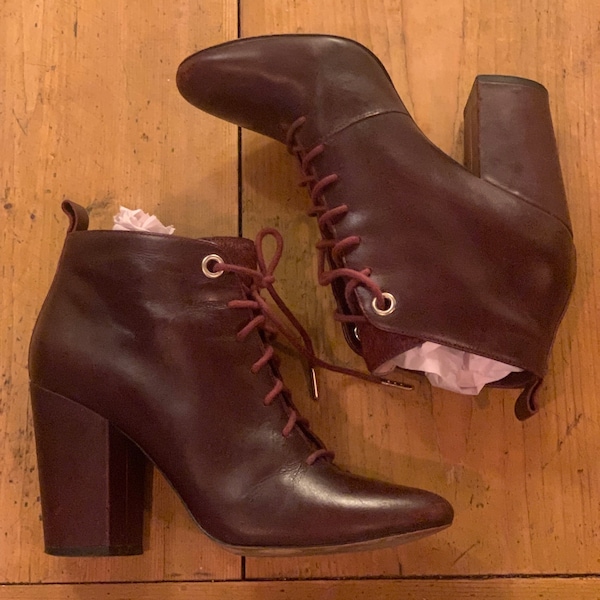 Burgundy Brown Leather & Fur Trim Lace Up Ankle Boots, RRP 150 GBP - size uk 4 / Our 37