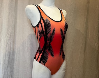 Vintage Tropical Swimsuit / One Piece / Bodysuit - High Cut, Backless, 90s Ripcurl, Palm Tree Sunset - Size Small