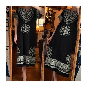 Vintage Block Printed Tribal Cotton Midi Dress - size Small