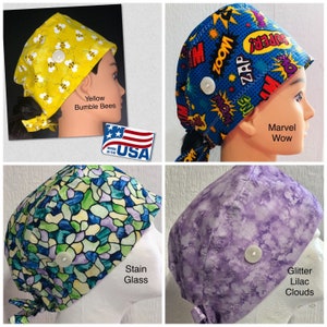 Scrub Caps/Surgical Caps with Buttons and  Sweatband Options Surgical Caps for Short Hair Pixie Style,  100 percent cotton