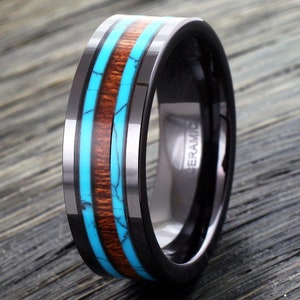 Men&#39;s Black Ceramic Ring with Stunning Koa Wood and Turquoise Inlays Casual Anniversary Wedding Engagement Promise Ring