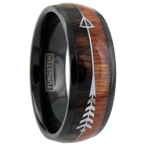 Men&#39;s Black Tungsten Dome Ring W/ Koa Wood Inlay and Feathered Arrow Casual Anniversary Wedding Engagement Promise Ring