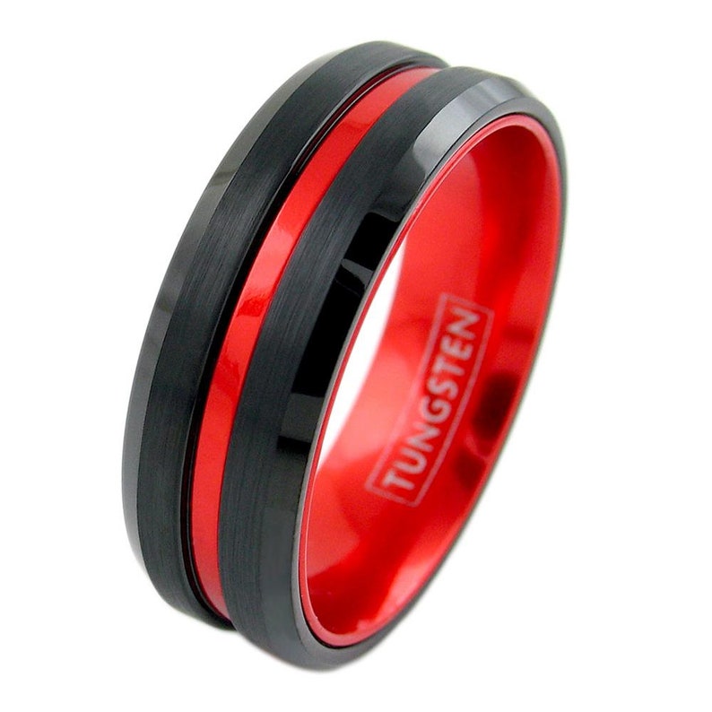 Men's Black Tungsten Ring With Anodized Aluminum Fire Etsy