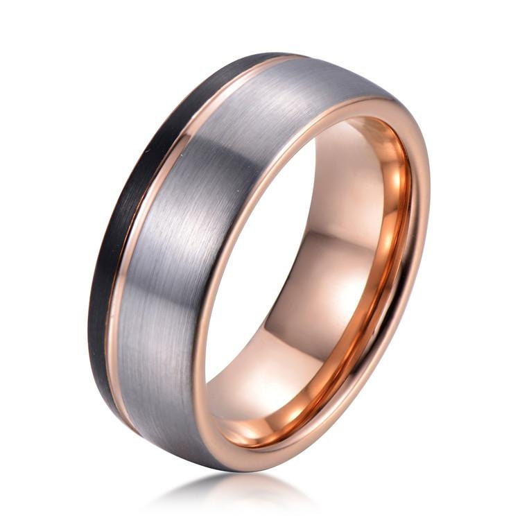 Men's Three-Tone Silver Tungsten Ring w/ Rose Gold Inner | Etsy