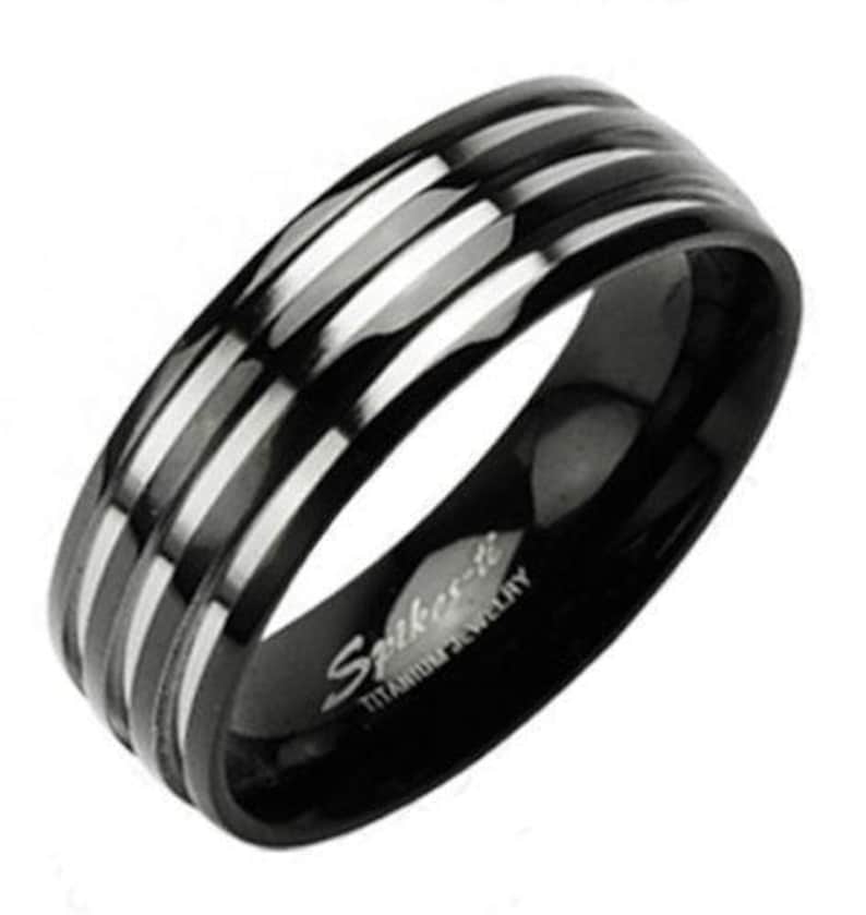 Two-Tone Black Titanium Ring with Three Mirror Polished Racing Stripes CouplesSingle WeddingEngagement Ring Men/'s