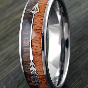 Men's Silver Tungsten Dome Ring W/ Koa Wood Inlay and Feathered Arrow ...
