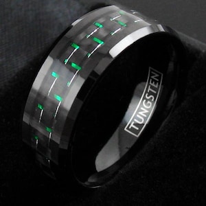 Men&#39;s Black Tungsten Black and Electric Green Carbon Fiber Inlay Casual Anniversary Wedding Engagement Promise Ring