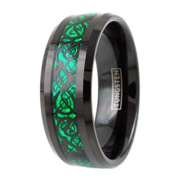 Money Attracting Engraved Black Tungsten Ring with Green Stripe & Green Inlay Wealth Mantra Law of Attraction Spell Inflation Ring