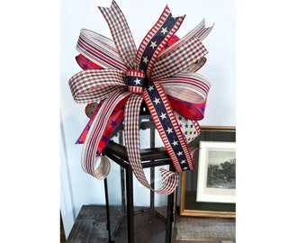 Patriotic Lantern Bow, Red White & Blue Ribbon Bow, Rustic Patriotic Bow for Wreath, Patriotic Bow for Mailbox