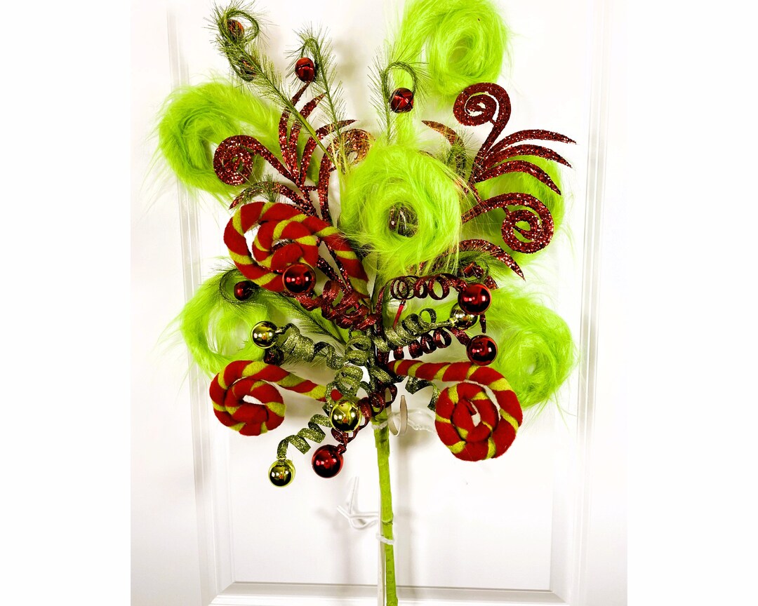 Whimsical Elf Theme Style Christmas Tree Topper Spray, Red & Lime Green