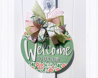 Pink and Green Flowered Door Hanger, Summer Wreath for Front Door, Welcome Doorhanger with Pink and Green Bow, Summer Front Door Decor