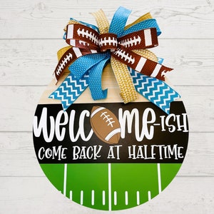 Welcome Football Doorhanger, Favorite Football Team Bow, Sports Enthusiasts Sign, Customized bow with favorite team colors.