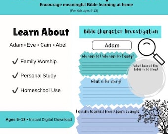 Bible Character Study Workbook for Kids | Adam Eve Cain Abel | Bible Activity Printable | Family Worship Worksheet | Christian Homeschool PD