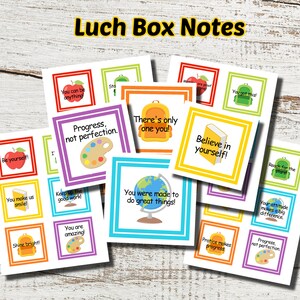 Może przedstawiać: Zbiór kolorowych karteczek do lunchboxa z motywującymi frazami i ilustracjami. Notatki zawierają frazy takie jak "Bądź sobą!", "Dasz radę!" i "Jesteś stworzony do wielkich rzeczy!" na białym tle z kolorowymi obramowaniami.