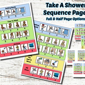 May include: Colorful visual shower sequence pages with the text "Take A Shower Sequence Pages." The pages are divided into sections: Getting Ready, Time To Wash, All Done, and Wash My Hair & Rinse. Each section has numbered steps with corresponding illustrations.