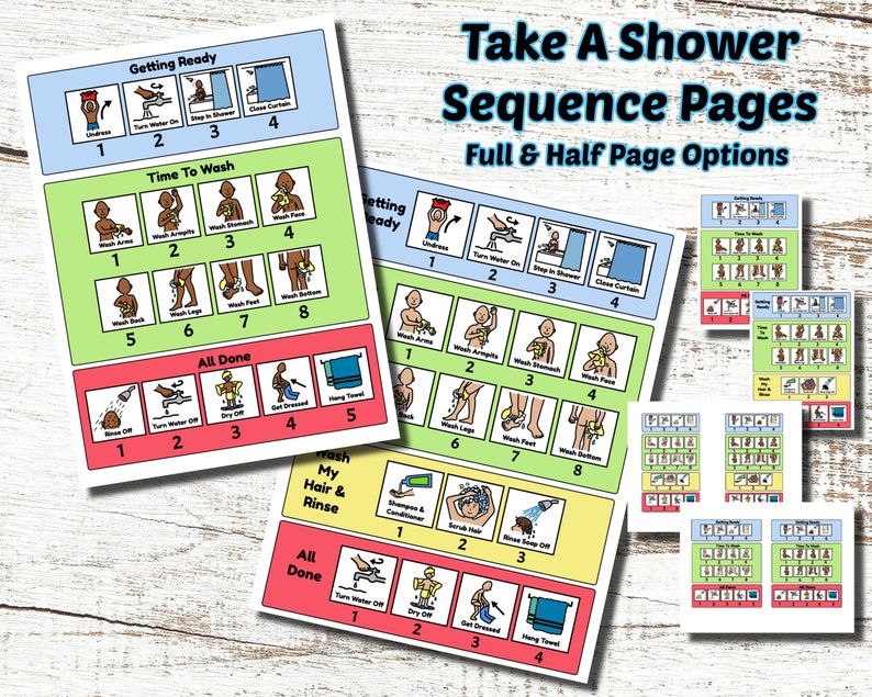 May include: Colorful visual shower sequence pages with the text "Take A Shower Sequence Pages." The pages are divided into sections: Getting Ready, Time To Wash, All Done, and Wash My Hair & Rinse. Each section has numbered steps with corresponding illustrations.