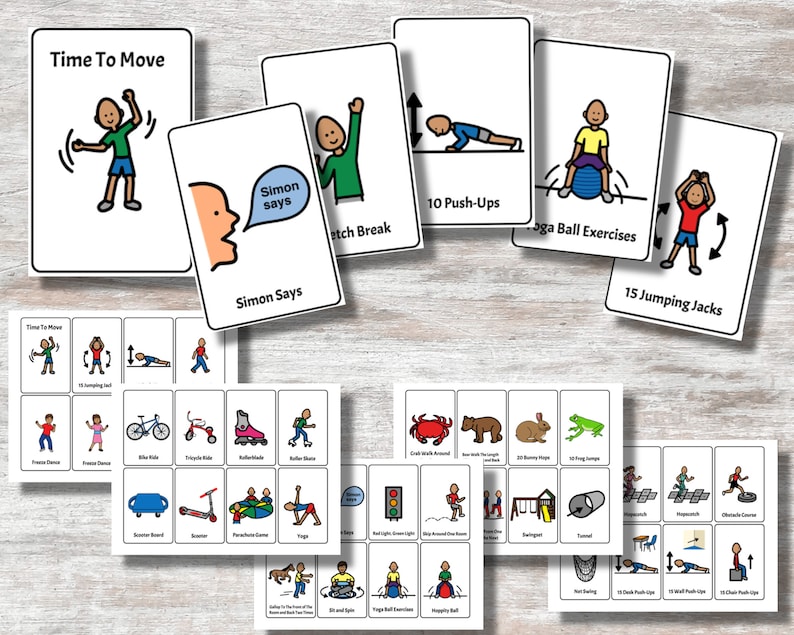 May include: A collection of white cards with colorful illustrations and text. The cards feature exercise instructions like "10 Push-Ups" and "15 Jumping Jacks," along with "Time To Move" and "Simon Says" text. The cards are designed for physical activity.