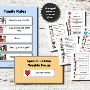 May include: A collection of educational posters and cards with family rules and social skills prompts. The main poster lists rules like "Listen to my parents" and "Share." Additional cards offer more choices, all with colorful illustrations.