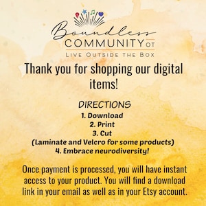 May include: A digital product announcement with the text "Boundless Community OT" and "Thank you for shopping our digital items!" Instructions include download, print, and cut. The background is a watercolor wash of yellow and orange.
