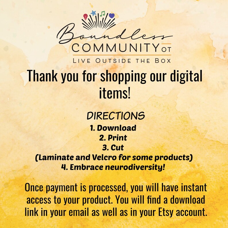 May include: A digital product announcement with the text "Boundless Community OT" and "Thank you for shopping our digital items!" Instructions include download, print, and cut. The background is a watercolor wash of yellow and orange.