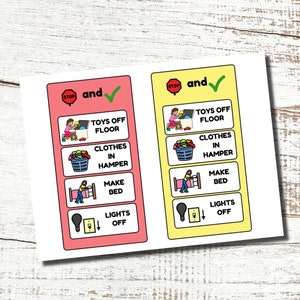 May include: Two colorful chore charts with illustrations and text. The charts include tasks like "Toys off Floor," "Clothes in Hamper," "Make Bed," and "Lights Off." One chart has a pink background, and the other has a yellow background.