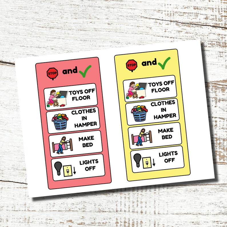 May include: Two colorful chore charts with illustrations and text. The charts include tasks like "Toys off Floor," "Clothes in Hamper," "Make Bed," and "Lights Off." One chart has a pink background, and the other has a yellow background.