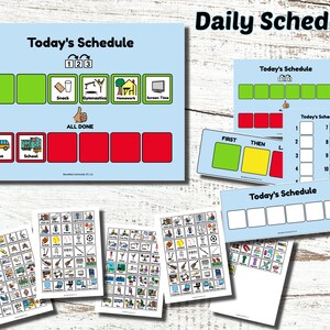 以下が含まれることがあります： 「Today's Schedule」と「Daily Schedule」のテキストが入った、視覚的な毎日のスケジュールボードのコレクション。スナック、体操、学校などのアクティビティのアイコンが特徴で、「ALL DONE」の文字と番号付きのスロットがあります。