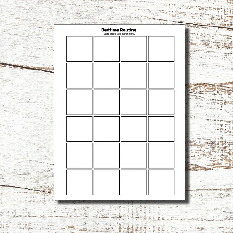 May include: A white paper with a grid of 20 blank squares, each outlined in black. The text "Bedtime Routine" and "Store extra task cards here." are at the top. The paper is on a light wood surface.