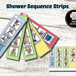 May include: Colorful shower sequence strips with illustrations and text. The strips are arranged in a fan shape, with each strip featuring a different step in the showering process, such as undressing, washing, and drying. The text "Shower Sequence Strips" is at the top.