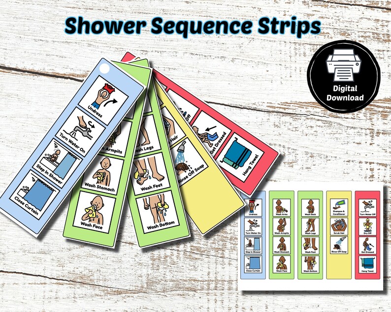 May include: Colorful shower sequence strips with illustrations and text. The strips are arranged in a fan shape, with each strip featuring a different step in the showering process, such as undressing, washing, and drying. The text "Shower Sequence Strips" is at the top.