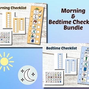 May include: A bundle of morning and bedtime checklists with accompanying visual aids. The checklists include sections for tasks like getting dressed, brushing teeth, and putting on pajamas. The image also features a sun and moon graphic.