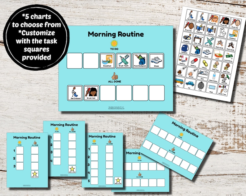 Puede incluir: Un conjunto de gr&aacute;ficos de rutina matutina con un fondo azul claro. Los gr&aacute;ficos incluyen espacios para tareas, iconos y el texto "Morning Routine". Una hoja separada contiene varios iconos de tareas. La imagen tambi&eacute;n incluye el texto "*5 charts to choose from *Customize with the task squares provided."