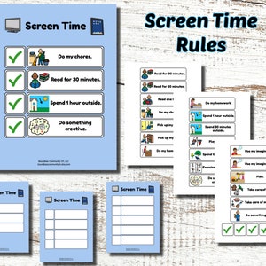 May include: A collection of blue and white "Screen Time Rules" charts and checklists. The charts include illustrations and text prompts for activities like doing chores, reading, and spending time outside. The text "Screen Time Rules" is at the top.