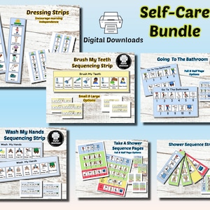May include: A collection of digital download self-care visual aids. The bundle includes sequencing strips for dressing, brushing teeth, washing hands, taking a shower, and going to the bathroom. Each strip features illustrated steps and the text "Digital Download".