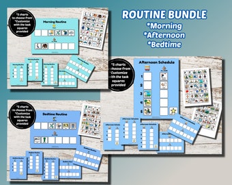 May include: A bundle of blue and white routine charts for morning, afternoon, and bedtime. The charts include task squares and visual aids. Text on the image reads "Routine Bundle" and "Morning, Afternoon, Bedtime".