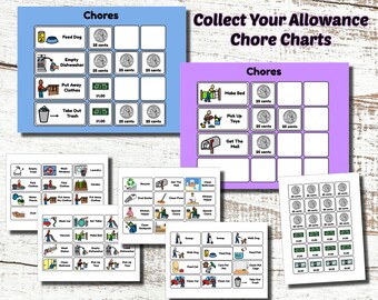May include: Colorful chore charts with illustrations and text, including "Feed Dog," "Empty Dishwasher," and "Take Out Trash." The charts feature spaces for coins and dollar bills, promoting allowance collection. The text "Collect Your Allowance Chore Charts" is also visible.