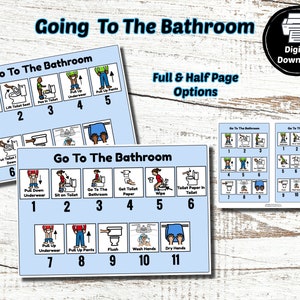 May include: A set of visual aids titled "Going To The Bathroom" with step-by-step instructions. The blue cards feature numbered illustrations for each action, including pulling down underwear, sitting on the toilet, and washing hands. The phrase "Digital Download" is also visible.