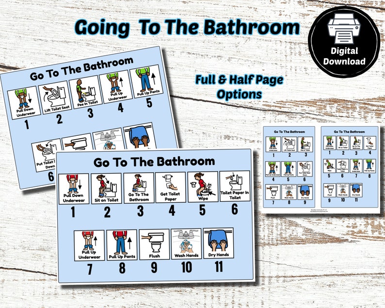 May include: A set of visual aids titled "Going To The Bathroom" with step-by-step instructions. The blue cards feature numbered illustrations for each action, including pulling down underwear, sitting on the toilet, and washing hands. The phrase "Digital Download" is also visible.