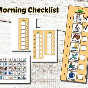 May include: A set of morning checklist charts with the title "Morning Checklist". The charts include visual cues and checkboxes for tasks like using the bathroom, getting dressed, brushing hair, eating breakfast, brushing teeth, putting on shoes, and packing a backpack.