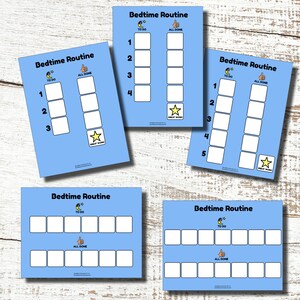 May include: Several blue Bedtime Routine charts with white boxes for tasks. Each chart has the words "Bedtime Routine", "To Do", and "All Done". Some charts have numbers 1-5. A gold star with "Great Work!" is on some charts.
