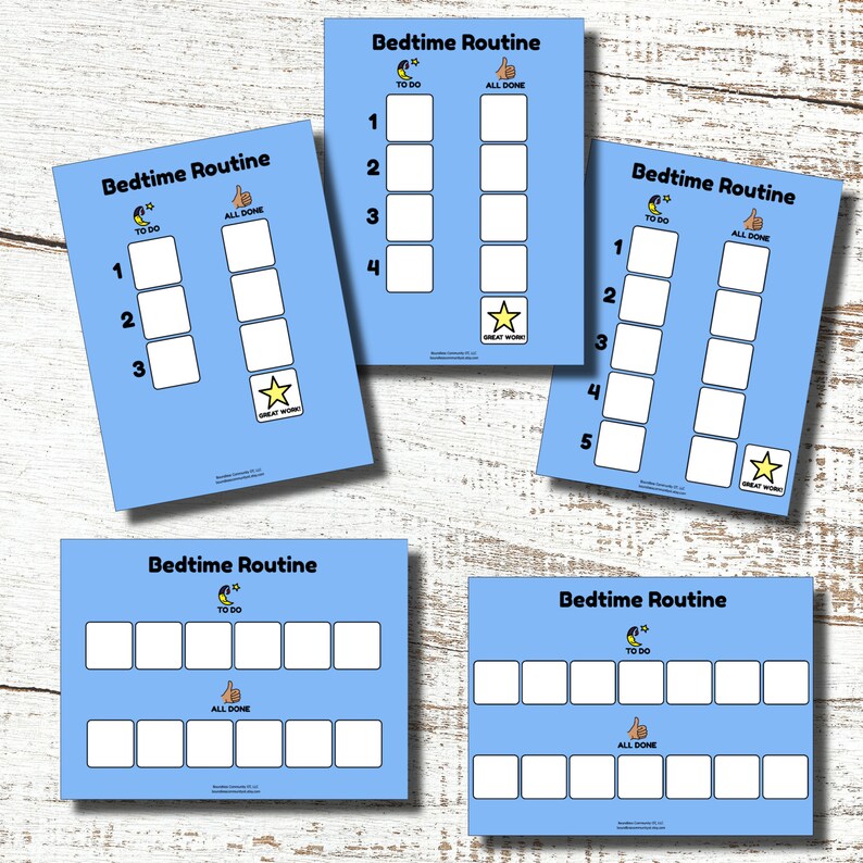 May include: Several blue Bedtime Routine charts with white boxes for tasks. Each chart has the words "Bedtime Routine", "To Do", and "All Done". Some charts have numbers 1-5. A gold star with "Great Work!" is on some charts.