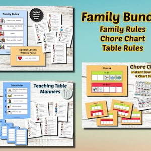 May include: A collection of printable educational materials, including family rules, chore charts, and table manners guides. The items feature colorful illustrations and text, designed for visual learners. The bundle includes charts with spaces for customization.