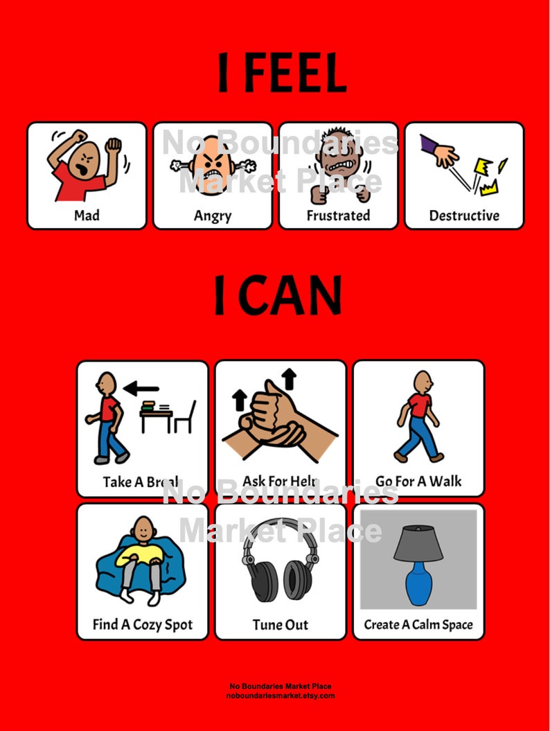 May include: A red poster with the words "I FEEL" and "I CAN" in white. The poster features illustrated icons representing emotions like "Mad" and actions like "Take a Break". The text "No Boundaries Market Place" is also visible.