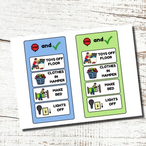May include: Two chore charts with blue and green borders. Each chart has four illustrated tasks: "Toys Off Floor," "Clothes in Hamper," "Make Bed," and "Lights Off." The charts include the words "STOP" and "and" with a checkmark.